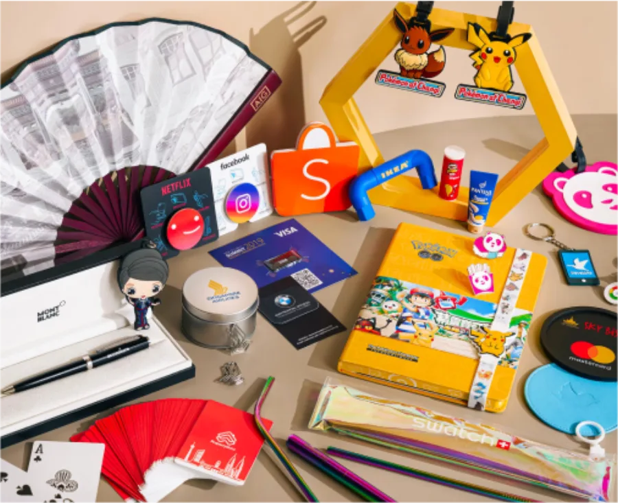 A collection of colourful branded merchandise